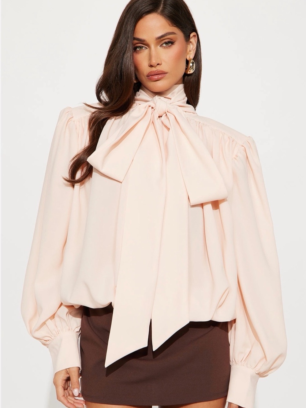 Fashion Nova Blush Bow-Tie Balloon Sleeve Blouse
